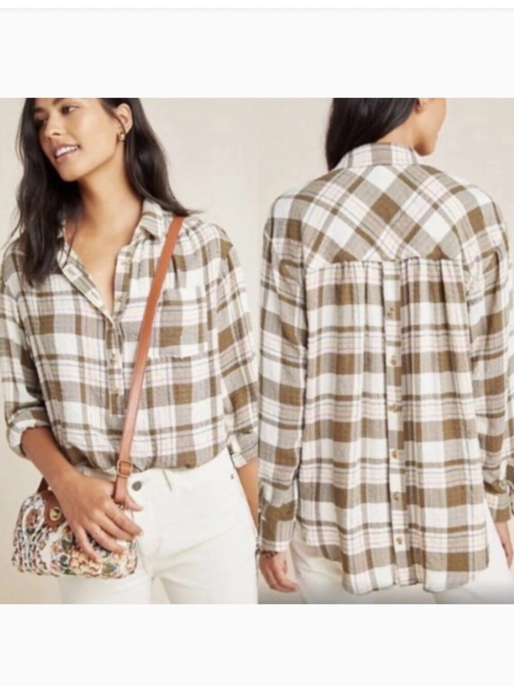 Anthropologie Isadora Button Back Plaid Tunic Popover Shirt Women's M